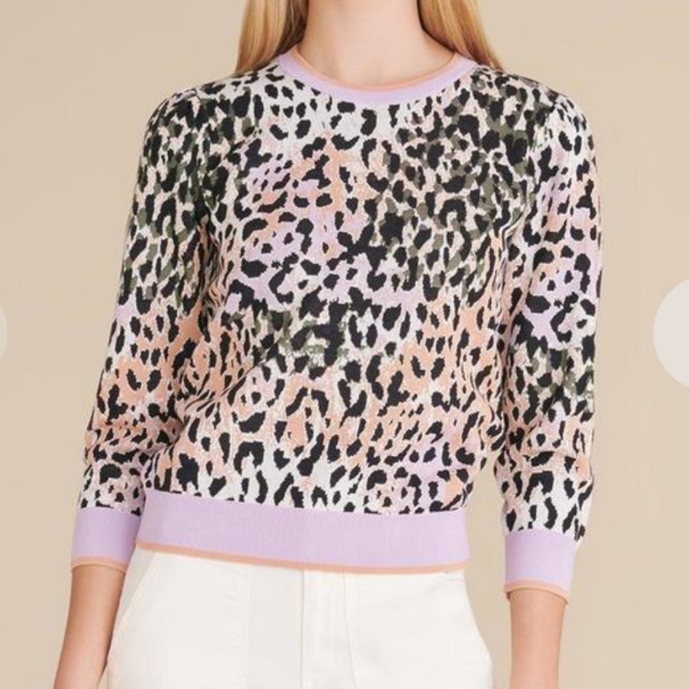 Veronica Beard Suzanna Lavender Leopard Print Puff Sleeve Sweater XS Purple